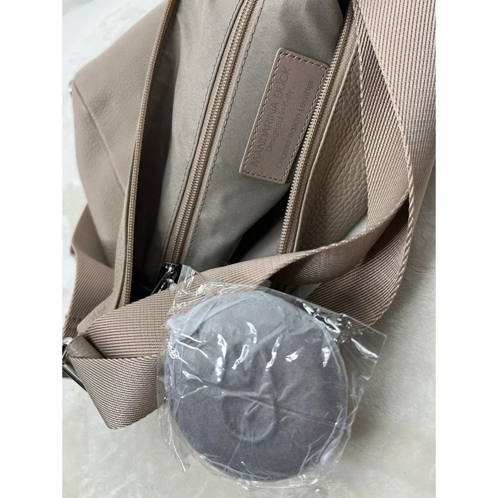 Mandarina Duck Leather Hobo Shoulder Bag Taupe Jacquard Strap Backpack Tote NEW!